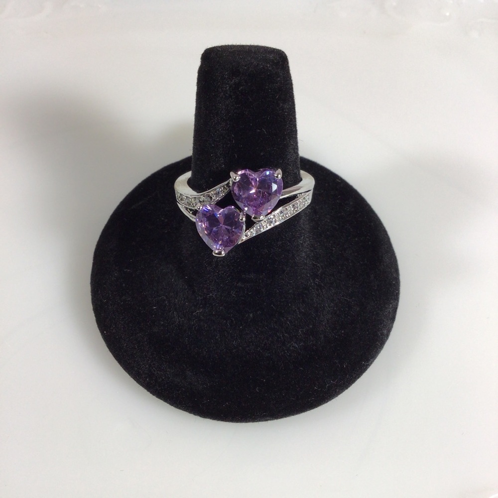 Purple Amethyst Double Hearts and Cubic Zirconia Silver Tone Adjustable Ring